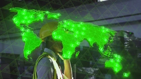 Worker receiving call on phone, walking warehouse, neon-green map covering him Stock Footage 333132450