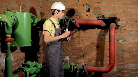 The worker records the readings of the manometer on the clipboard. The engineer 動画素材 76250393