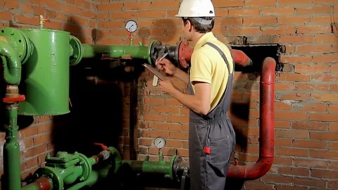 The worker records the readings of the manometer on the clipboard. The engineer 動画素材 76258764