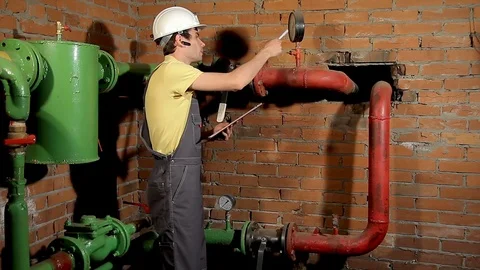 The worker records the readings of the manometer on the clipboard. take meter Video stock 77121373