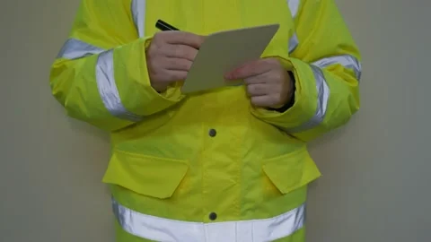 Worker in reflective uniform writing on paper Stock-Footage 220433326
