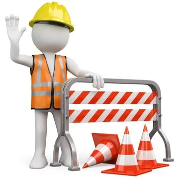 Worker with a reflective vest and hard hat leaning on a construction barrier Stock Illustration