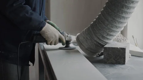 Worker removes the layer of the stone slab, makes the surface rough, for drawing Video stock 99039127