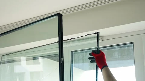 Worker removing one glass panel from triple glazed window unit during Stockbeeldmateriaal 344519661
