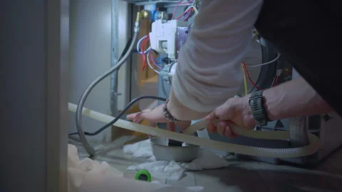 Worker repair dishwasher in the kitchen. Stock Footage 250441267