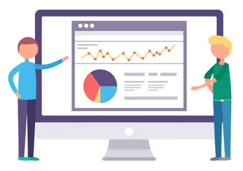 Worker Researching of Website with Graph Vector Stockillustratie