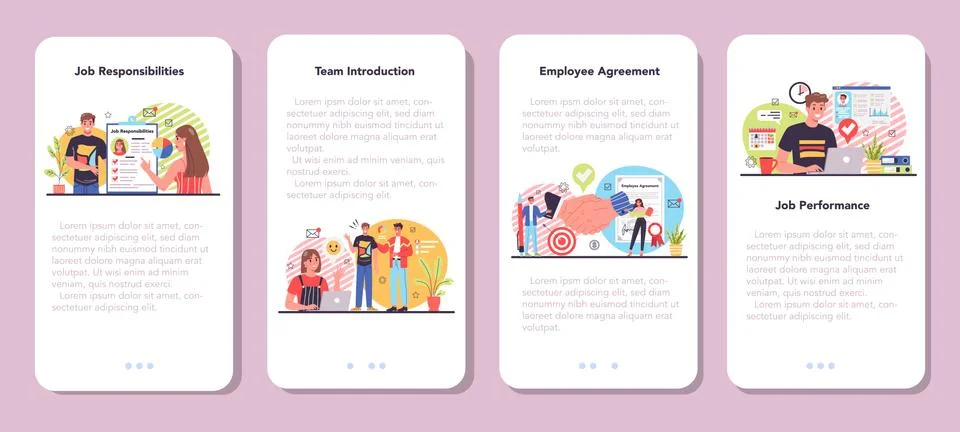 Worker responsibilities mobile application banner set. Personnel management Stock Illustration