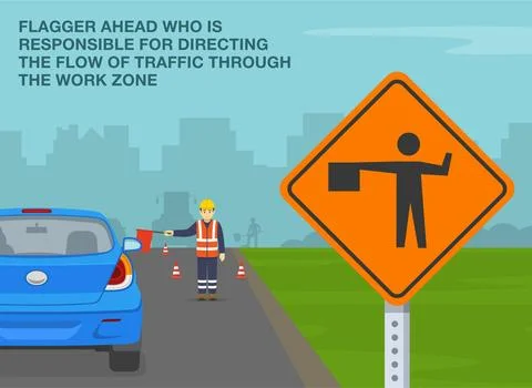 Worker responsible for directing the flow of traffic through the work zone. Stock Illustration