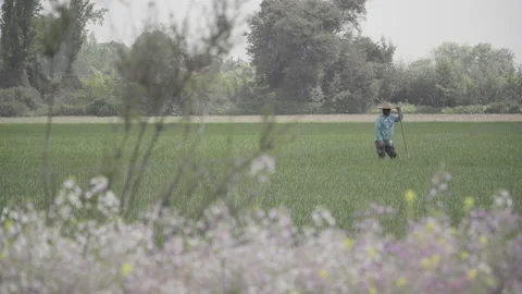 Worker resting leaning on a shovel Stock Footage 144114351