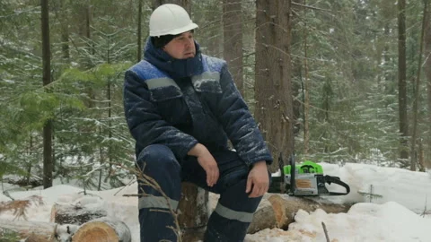 Worker resting on log in winter forest Stock Footage 87763016