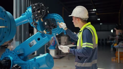 Worker reviews data on laptop near industrial robots Stockbeeldmateriaal 344920178