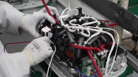 Worker routing and connecting internal wiring with copper coils and cable Stock Footage 334965313