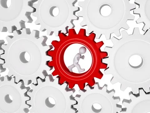 Worker running inside of one cogwheel out of many Stock Illustration