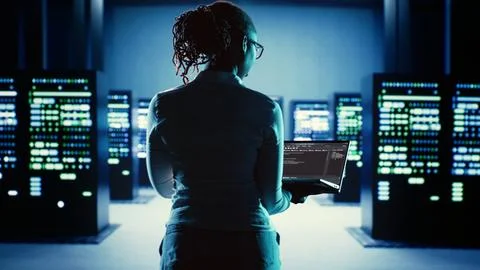 Worker runs code in data center Foto stock