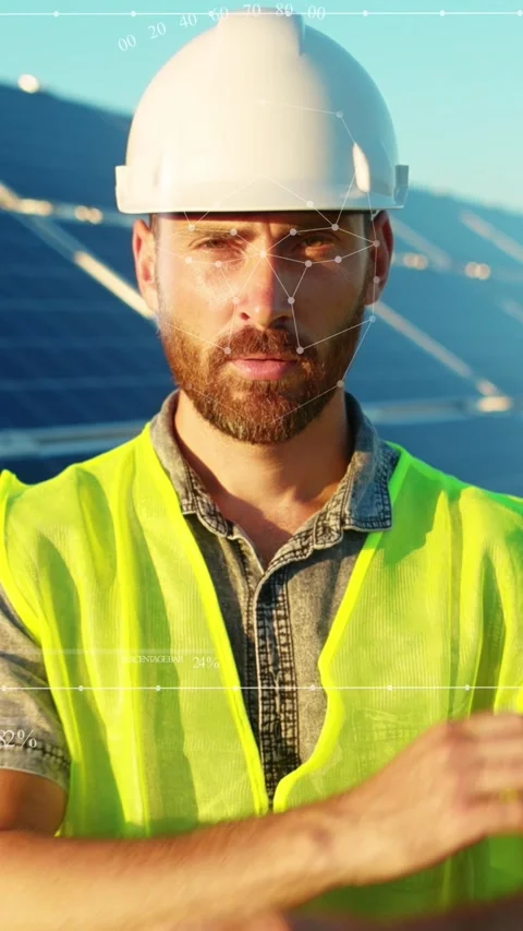 A worker in safety gear stands by solar panels for sustainability Vídeo Stock 303780939