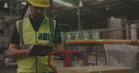 Worker in safety gear using tablet, ENCRYPTION text image over industrial 写真素材