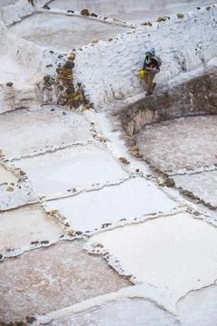 Worker at Salt pans (Salinas de Maras), Maras, near Cusco (Cuzco), Peru, South Stock Photos