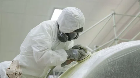 Worker Sanding Airbus a320 Engine In A Hangar Paintshop Stock Footage 231647819