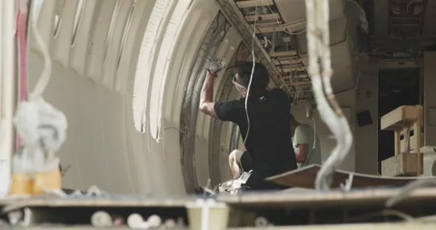 Worker Sanding Curved Cabin Interior Panel, Aircraft Manufacturing, Medium Shot Vídeo Stock 340305292