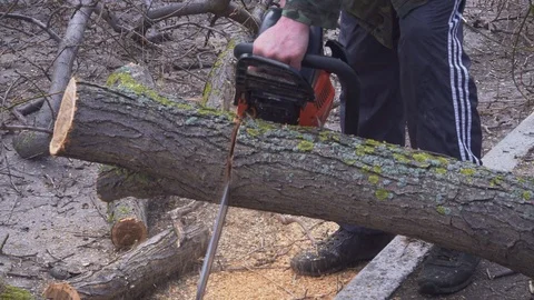 Worker is sawing a big branch of a tree with a chainsaw Stock Footage 105380738