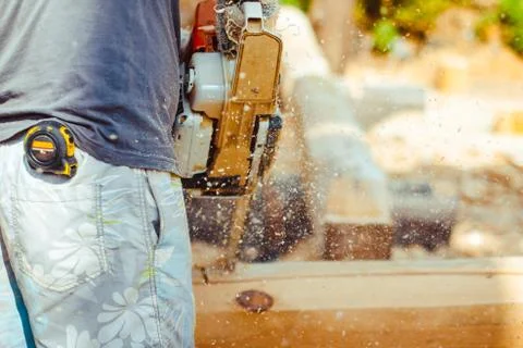 Worker sawing a chainsaw tree Stock Photos