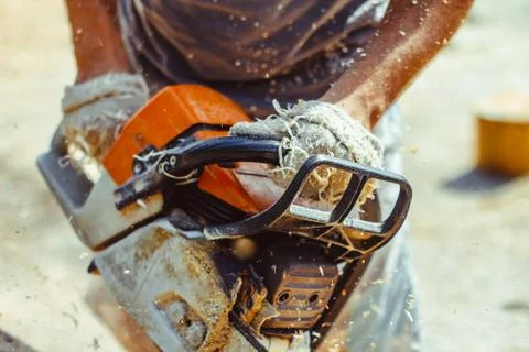 Worker sawing a chainsaw tree Stock Photos