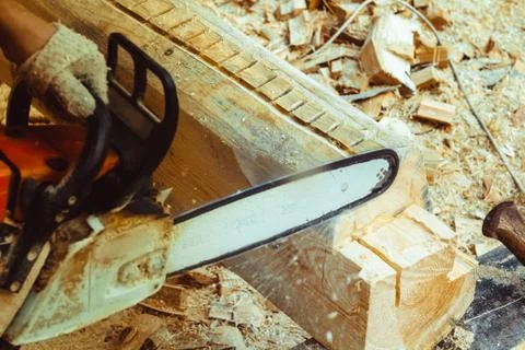Worker sawing a chainsaw tree Photos