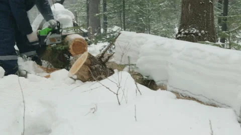 Worker sawing with chainsaw in winter forest Stockbeeldmateriaal 87762951