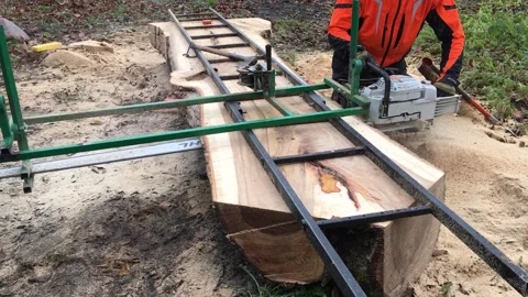 A Worker Saws A Large Log With A Stihl Gasoline Video Video stock 296326900