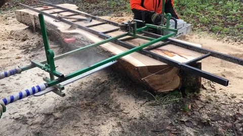 A Worker Saws A Large Log With A Stihl Gasoline Video Video stock 296326901