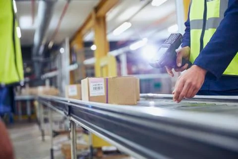 Worker scanning and processing boxes on conveyor belt in distribution warehouse 写真素材