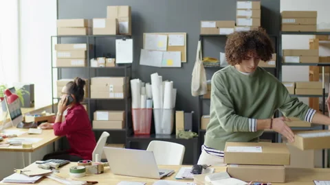 Worker Scanning Parcel Barcodes in Delivery Service Office 動画素材 228482675