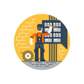 Worker with screwdriver fixing electricity box, repair internet connection Stock Illustration