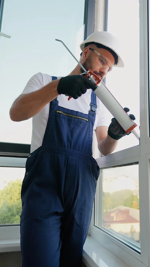 Worker Sealing Window with Foam for Improved Insulation Stock-Footage 289782482