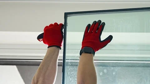 Worker separating triple glazed window glass unit into individual panels for Stockbeeldmateriaal 344519738
