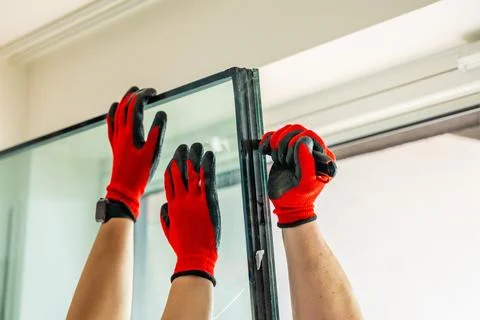 Worker separating triple glazed window glass unit into individual panels for Stock Photos