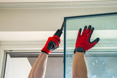 Worker separating triple glazed window glass unit into individual panels for Stock Photos