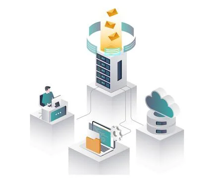 Worker with server and cloud in isometric illustration 스톡 일러스트