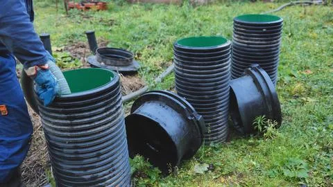 Worker servicing septic tank system pumping a corrugated pipe outdoors Stock Photos
