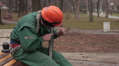 Worker sharpening and preparing professional chainsaw for cutting trees in park. Stock Footage 46676298