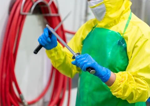 The worker is sharpening the knife with a sharpening stone. Stock Photos