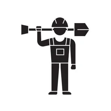 Worker with shovel black vector concept icon. Worker with shovel flat Stock Illustration
