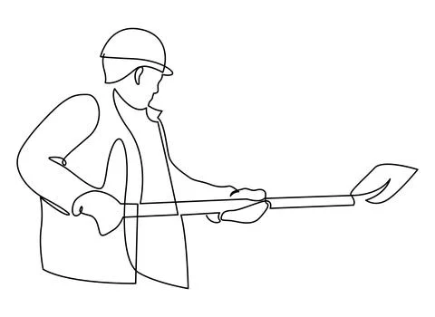 Worker with shovel continuous line drawing. Construction tool symbol. Stock Illustration