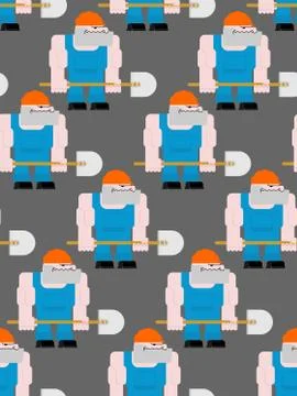 Worker with shovel seamless pattern. Road  Worker in helmet and overalls Stock Illustration