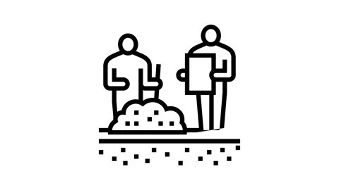 Worker shovel soil for analyzing line icon animation Stock Footage 164832293