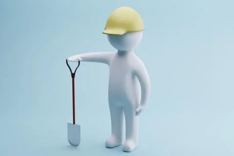 Worker, shovel, studio, construction, safety, 3D render, background, blue Stock Illustration
