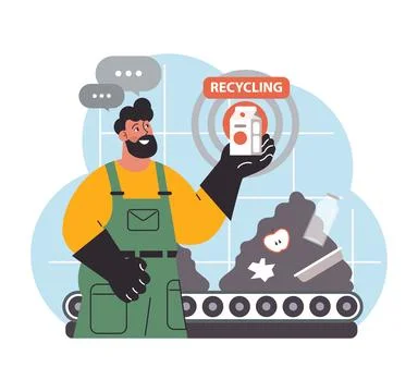 Worker showcases a recycling. Flat vector illustration. Stock Illustration