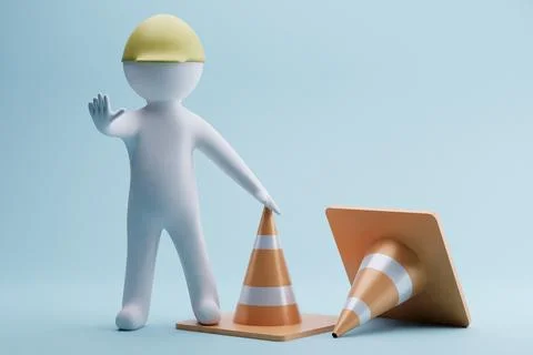 Worker signals stop, road cones, blue background, safety Stock Illustration