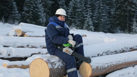 Worker sitting on pile of logs in the forest 库存影片 86928780