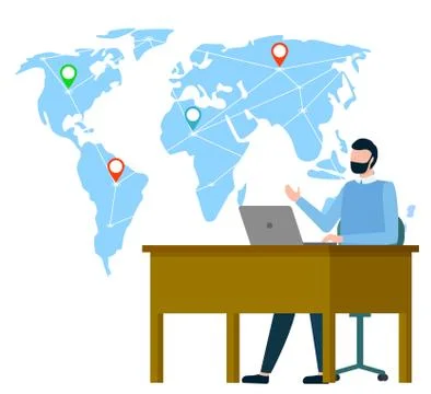 Worker Sitting by Table Working on Laptop Map Stock Illustration